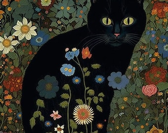 Gustav Klimt Garden Cat Print, Klimt Flowers Cat Poster, Black Cat Art, Floral Print, Funny Cat print, Digital Download PNG