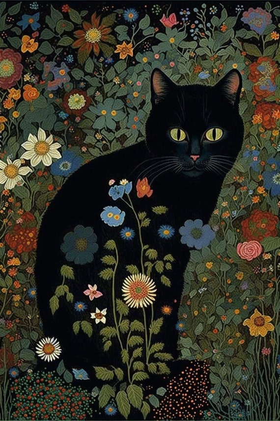 Gustav Klimt Garden Cat Print, Klimt Flowers Cat Poster, Black Cat