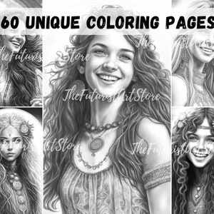 Hippie grayscale coloring pages,cute hippie girls, spring illustration, Instant Download PDF | Digital File Fantasy Coloring Book Set 1
