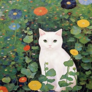 グスタフ・クリムトの庭の猫のプリント、クリムトの花の猫のポスター、白い猫のアート、花柄プリント、面白い猫のプリント、デジタルダウンロードPNG