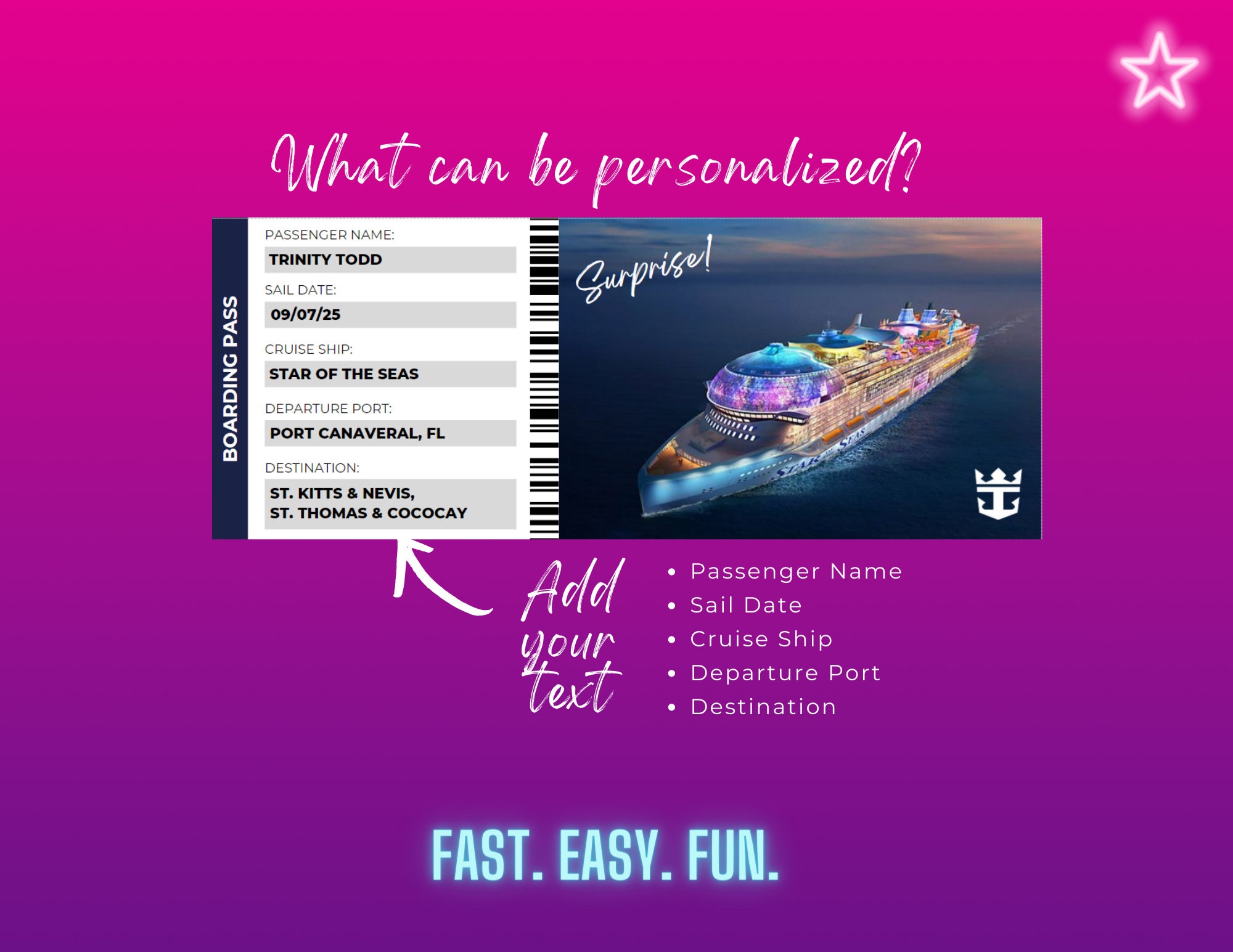 Star of the Seas Boarding Pass Template, Customizable Royal