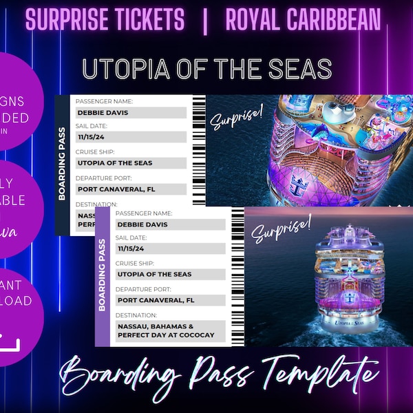 Utopia of the Seas Boarding Pass Template, Customizable Royal Caribbean Cruise Surprise Template, Instant Download and Printable