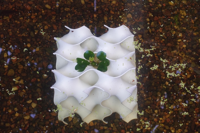 Overhead view of a white 8x8 gyroid aquarium cave surrounded by gravel, featuring a central aquatic plant. The modern, flowing design creates hiding spaces for fish and shrimp while enhancing the tank’s natural and decorative appeal.