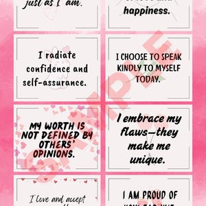Más de 80 tarjetas de afirmaciones diarias: tarjetas imprimibles de mentalidad positiva, citas motivacionales, indicaciones para un diario de amor propio, tarjetas de manifestación.