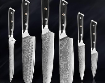 Handmade Damascus Steel 6-Piece Kitchen Knife Set with Leather Kit