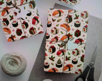 Papel de embrulho de Natal com tema de sushi: Papel de presente com estampa de aquarela para amantes da gastronomia.