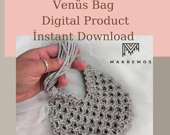 Bolso de macramé con nudo de cristal Venus y diamantes de imitación / Bolso de hombro de macramé con diseño elegante / Tutorial en vídeo para hacerlo tú mismo