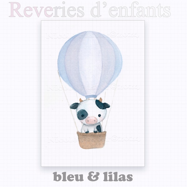 Affiche maxi aquarelle petite vache en montgolfière tons gris bleu vert mauve. Posters A3 & 30x40cm, décoration murale chambre enfant bébé