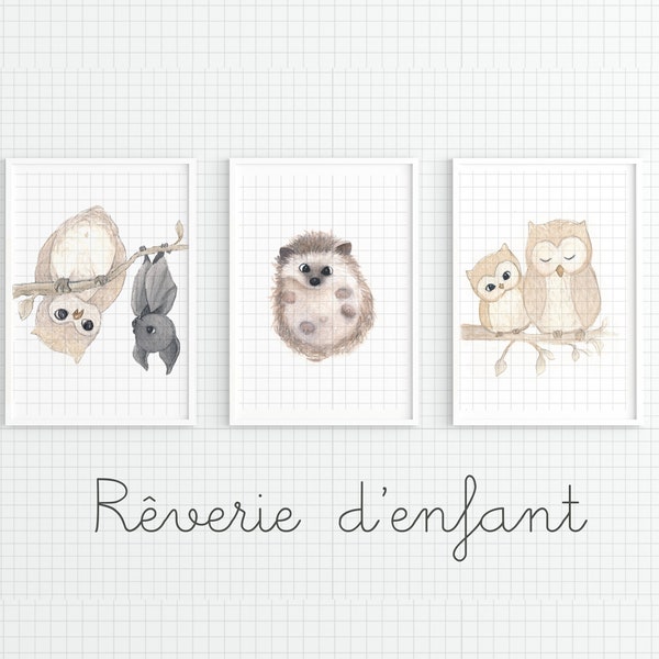 Affiches aquarelles bébé hibou et chauve-souris, A4 (21x29,7cm) OU A5 (10x15cm) posters animaux forêt décoration chambre enfant tableau