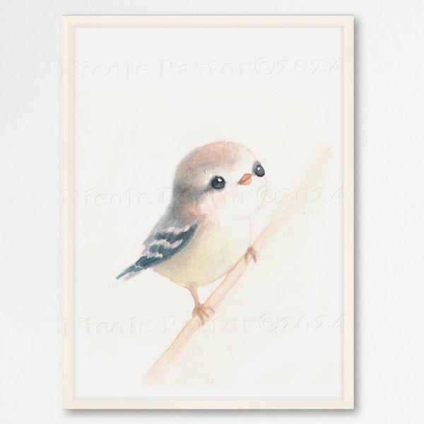 Affiche maxi enfant oiseau, aquarelle piou piou xénique grimpeur, A3 & 30x40cm, poster enfant, déco chambre bébé, cadeau baptême, fête bébé