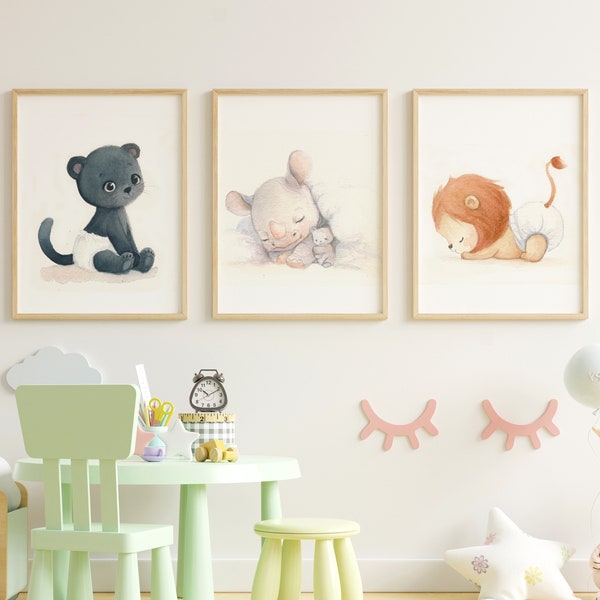 Lot 3 maxi affiches bébés animaux jungle, rhinocéros lion panthère, A3 ou 30x40cm - poster enfant, déco chambre bébé, cadeau naissance
