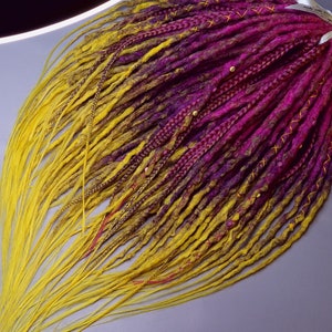 Vibrant Ombre Synthetic Dreadlock Extensions - Hot Plum Purple & Yellow Textured dreads Handmade Crochet dreads Double end braids