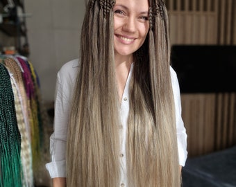 Braids with loose ends Ombre dark brown to several shades of dark blonde Braiding hair Double ended braids Hair extensions Long hair