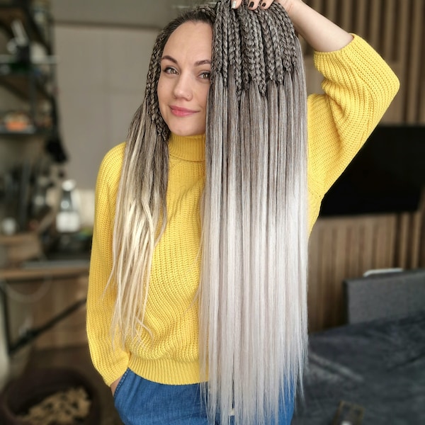 Extensions de tresses ombré brun foncé à blanc Tressage de cheveux Tresses doubles Extensions de cheveux imitation cheveux longs