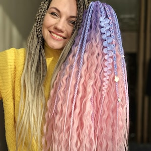 Pink & Purple Ombre Wavy Dreads | Curly Synthetic Dreadlocks with Braids | Festival Hair Extensions | Pastel Double-Ended DE Dreads