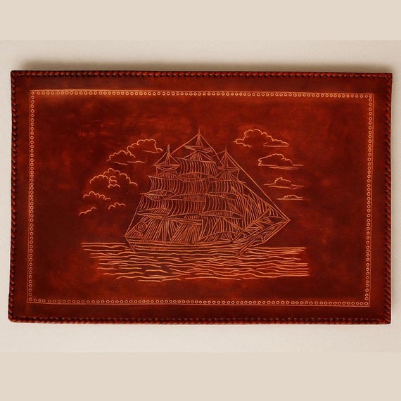 Handmade Leather Desk Mat: Floral Engraved Workspace Protector
