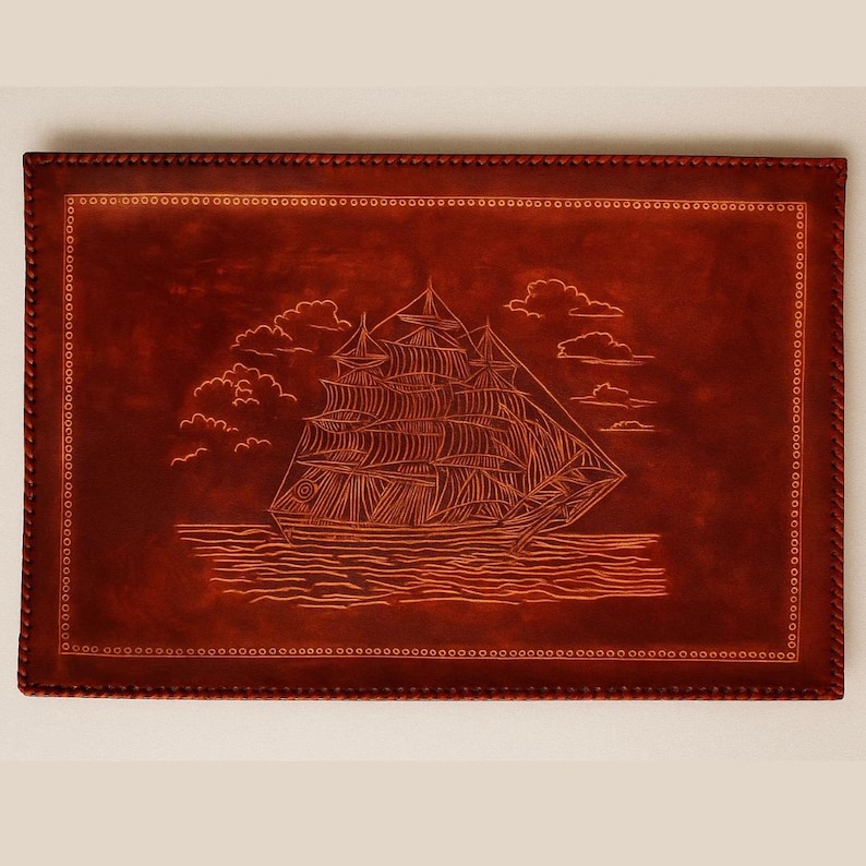 Handmade Leather Desk Mat: Floral Engraved Workspace Protector image 1