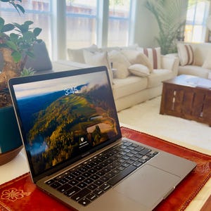 May include: A silver laptop computer with a red leather case featuring floral designs. The laptop screen displays a desktop background of a green hillside with a cloudy sky. The time on the screen is 3:45.