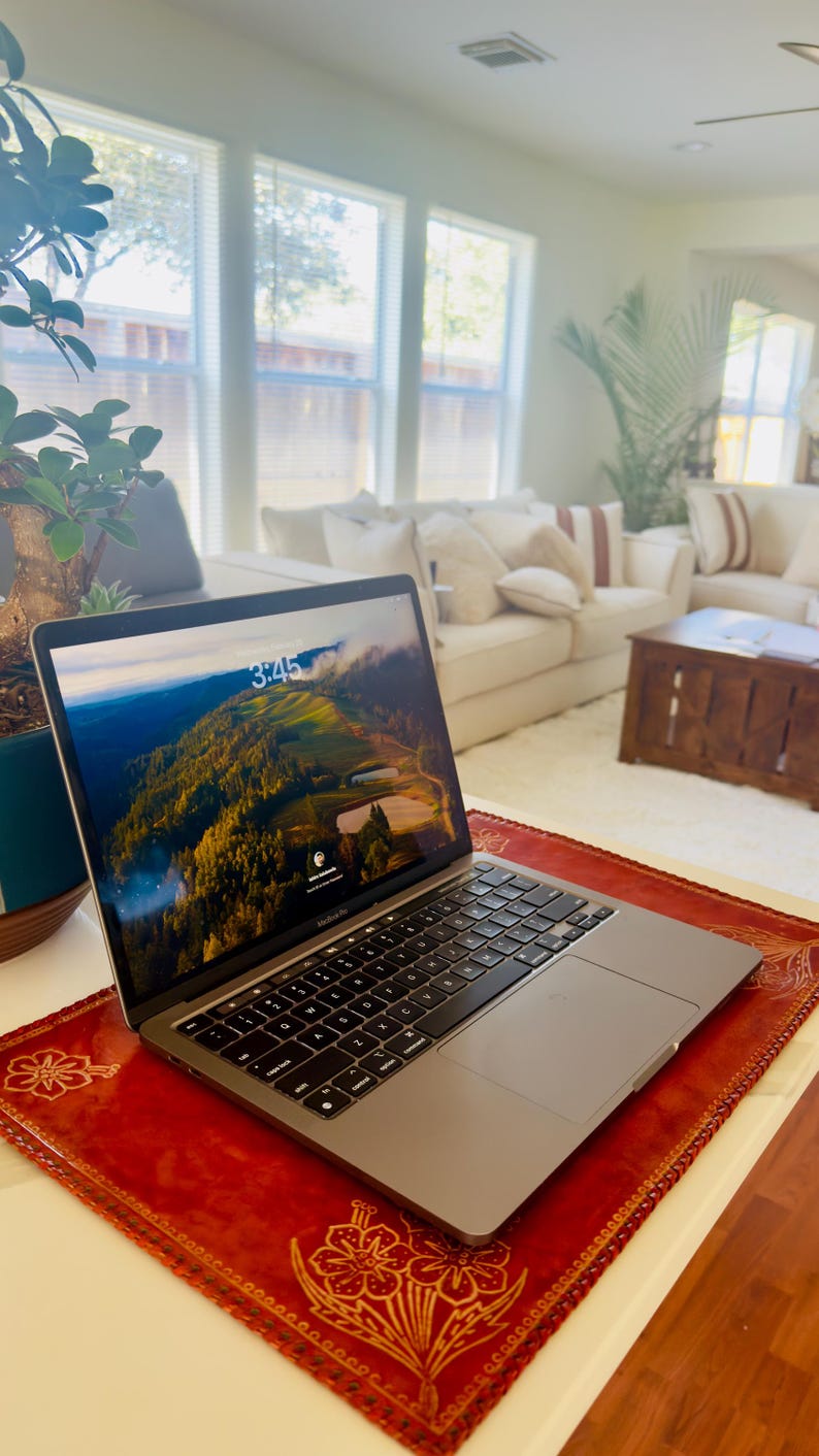 May include: A silver laptop computer with a red leather case featuring floral designs. The laptop screen displays a desktop background of a green hillside with a cloudy sky. The time on the screen is 3:45.