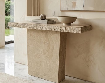 Rift Live Edge Travertine Console Table | Handcrafted Natural Stone Entryway Table