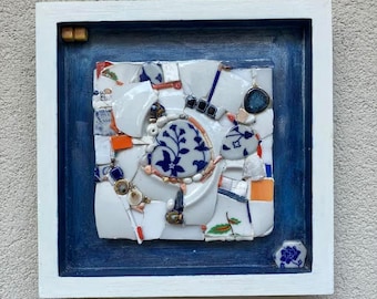 Mosaïque en céramique de porcelaine bleue et blanche, assiettes cassées, verre coloré, Picassiette, mosaïque de décoration intérieure, imprimé mural