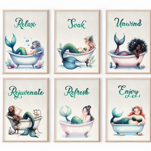 Set of 6 PRINTABLE digital prints Bathtub Mermaids, bathroom mermaid decor,Wall decor art, relaxation, coastal decor JPEG Instant Download