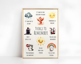 May include: A printable poster with a gold frame and white background. The poster features illustrations of animals and clouds with positive affirmations. The text reads "Things to Remember".