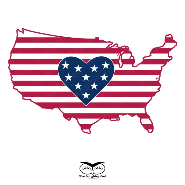 United States of America Outline with Red and White Stripes and A Blue Heart with White Stars Graphic Design