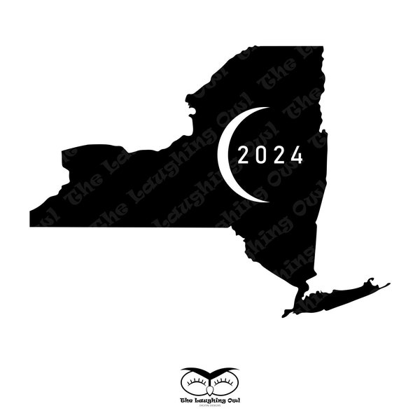 Diseño gráfico del eclipse solar de Nueva York 2024 con eclipse transparente y números, ideal para web, vinilo, HTV, sublimación y más.