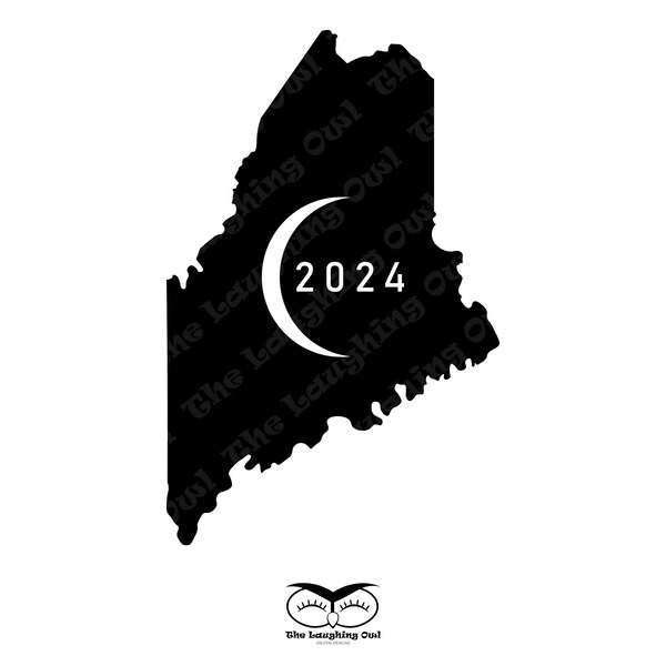 Solar Eclipse Maine 2024 Graphic Design with White Eclipse and Year, Great for Web, Print and More!