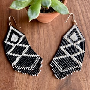 Black and white fringe seed bead earrings