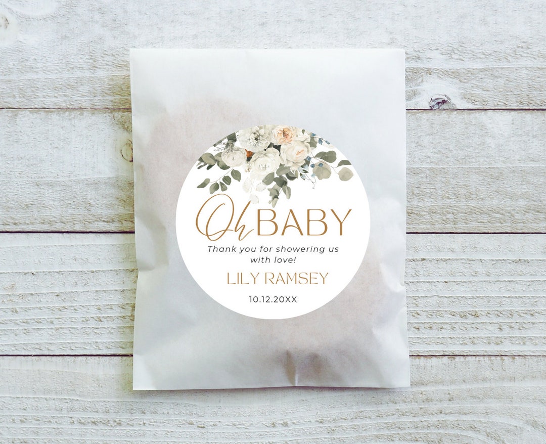 White Floral Stickers for Favors Candy Favor Bags Cookie Bag Stickers Custom Stickers Baby