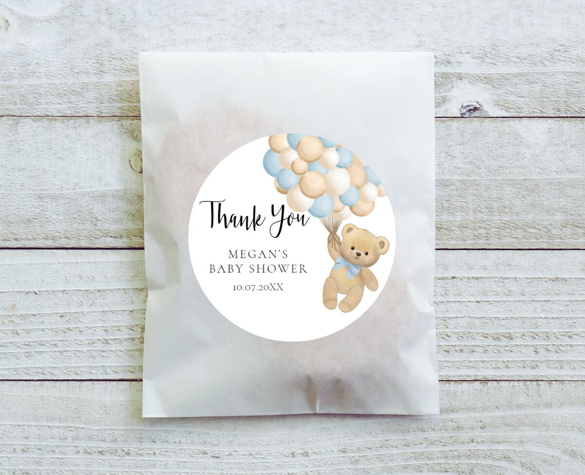30 Teddy Bear and Balloons Stickers, Baby Shower, Labels, Envelope Seals,  Blue, 1.5, Round