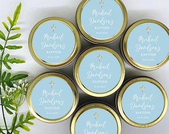 May include: Six small, round, gold-colored tins with blue lids. Each tin has a white label with a gold cross and the text "Michael Davidson's Baptism 05.06.20XX".