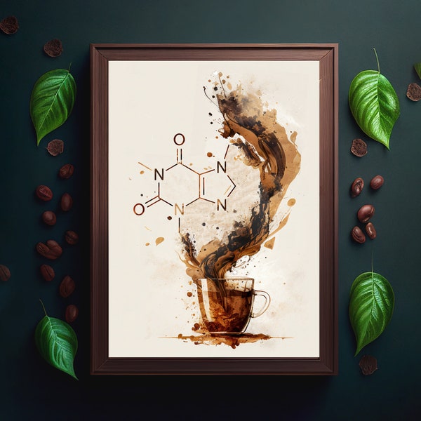 Coffee and Caffeine Molecule Wall Art, Chemistry, Gift for Science Lovers, Printable Kitchen Poster, Watercolor, Digital Download Art Print