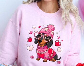 Valentine Dachshund Dog Sweatshirt, Sausage Dog Tee, Love Weiner Dog Design, Valentine's Day Gift, Cute Pink Puppy Shirt for Dog Moms