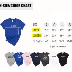 May include: A youth-size and colour chart shows a blue t-shirt with chest and length measurements in inches. The chart includes sizes S, M, L, and XL, with corresponding chest and length dimensions. Colours include Athletic Heather, True Royal, Pink, Navy, Dark Gray Heather, White, and Black.
