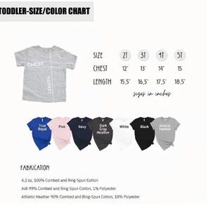 May include: A toddler size and colour chart with a grey t-shirt illustration and size measurements in inches. The chart displays chest and length measurements for sizes 2T to 5T. Colour options include True Royal, Pink, Navy, Dark Gray Heather, White, Black, and Athletic Heather.