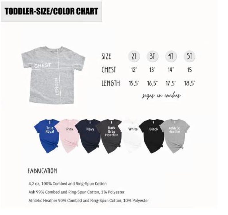 May include: A toddler size and colour chart with a grey t-shirt illustration and size measurements in inches. The chart displays chest and length measurements for sizes 2T to 5T. Colour options include True Royal, Pink, Navy, Dark Gray Heather, White, Black, and Athletic Heather.