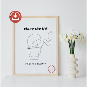 Bathroom Poster, Bathroom Decor, Close the Lid, Cat Drinking Toilet Water, Line Art