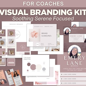 Könnte beinhalten: Ein visuelles Branding-Kit für Coaches mit einer beruhigenden, ruhigen und fokussierten Ästhetik. Das Kit enthält ein Markenboard, Markenrichtlinien, eine Farbpalette und Social-Media-Vorlagen. Die Farbpalette umfasst Farbtöne in Rosa, Weiß und Grau. Der Markenname ist "Emery Lane".