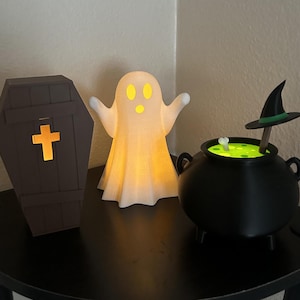 Light-Up Halloween Decoration Set – Coffin, Ghost, & Cauldron with Flickering LED Candles