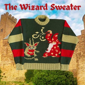 May include: A green knitted sweater with red and beige stripes on the sleeves and collar. The sweater features a wizard and a creature design in red, beige, and white. The text "The Wizard Sweater" is displayed at the top.