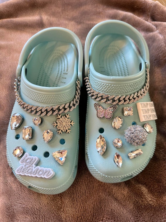 New Custom Crocs Women's Size 9, Icy Blue With Custom Charms 1