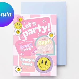 Editable Checkered Smiley Face Birthday invite,Groovy Retro Birthday Invitations with Emojis, For Teens, Preteens and Girls of All Ages.