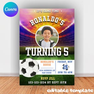 Voetbal fotoverjaardagsuitnodiging, elke leeftijd spelerfeest, aanpasbare digitale sjabloon, afdrukbare verjaardagskaart, mobiele uitnodiging, direct downloaden