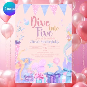 Mermaid 5th Birthday Invitation: Pink Under the Sea (Editable Template)
