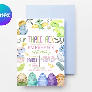 Pastel Dinosaur Birthday Invitation Girl Three Rex Party Editable Invite Cute Dino Pink Template Printable Three Rex Dinosaur Birthday D127