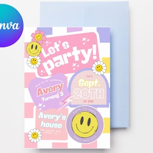 Editable Checkered Smiley Face Birthday invite,Groovy Retro Birthday Invitations with Emojis, For Teens, Preteens and Girls of All Ages