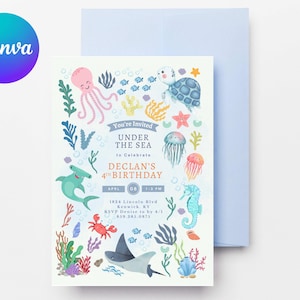 Puede incluir: Invitación a una fiesta de cumpleaños con temática de mar con un esquema de colores azul, verde y naranja. La invitación presenta una variedad de criaturas marinas, incluyendo un pulpo, una tortuga, un caballito de mar, una medusa y un tiburón. El texto de la invitación dice "You're Invited Under the Sea to Celebrate Declan's 4th Birthday".